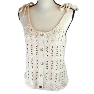 mo:vint Cream Color Crochet Open Knit Button Down Tank, Size Small
